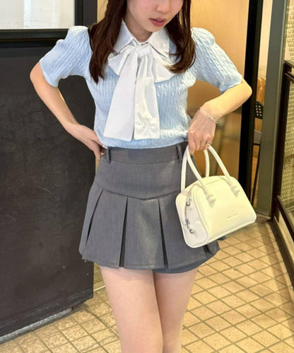 可拆卸蝴蝶結麻花紋短袖針織上衣