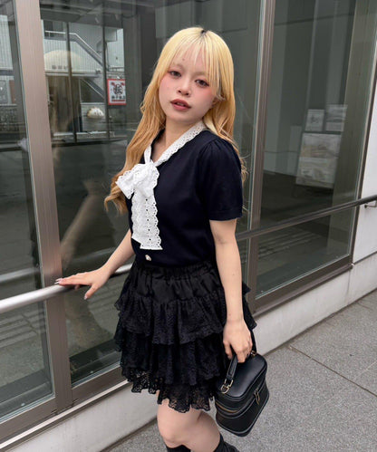 蕾絲蝴蝶結繫帶 針織 針織上衣