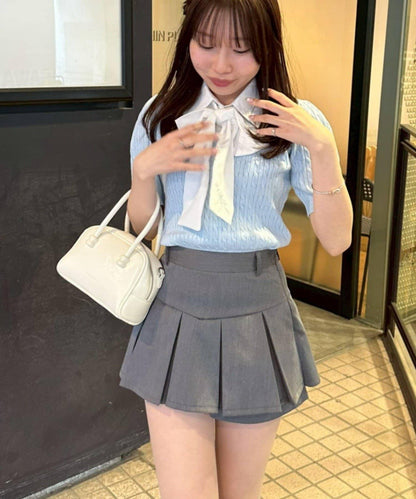 可拆卸蝴蝶結麻花紋短袖針織上衣