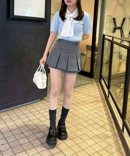 可拆卸蝴蝶結麻花紋短袖針織上衣