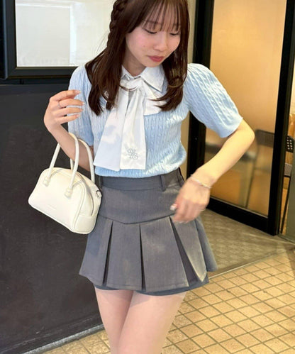 可拆卸蝴蝶結麻花紋短袖針織上衣
