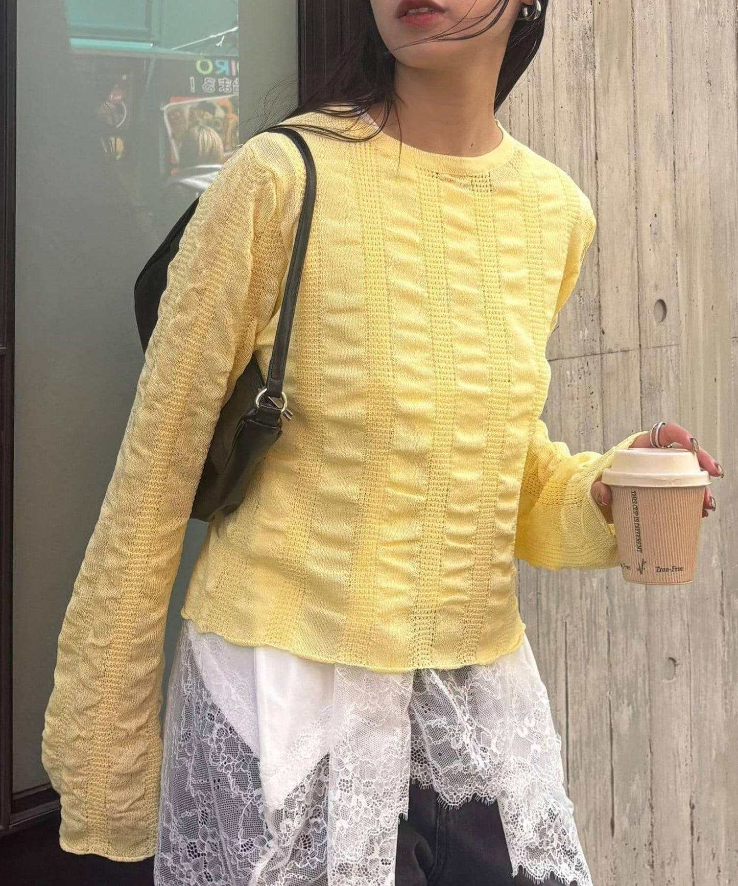 褶皺透紗條紋針織上衣