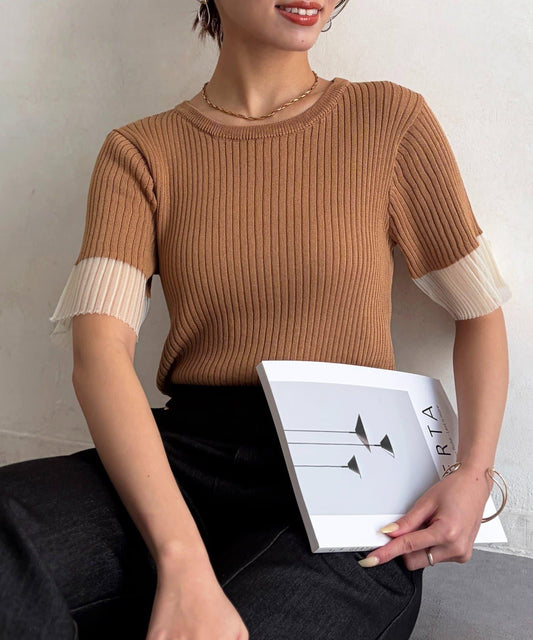 袖口透紗羅紋針織上衣