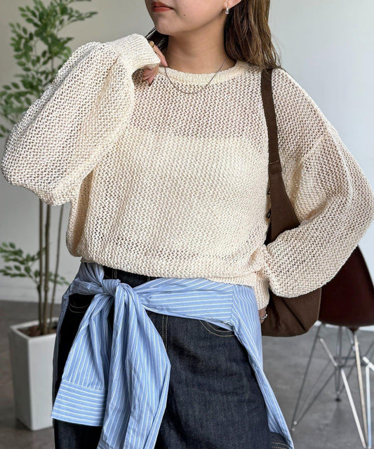 亞麻觸感網眼套頭上衣