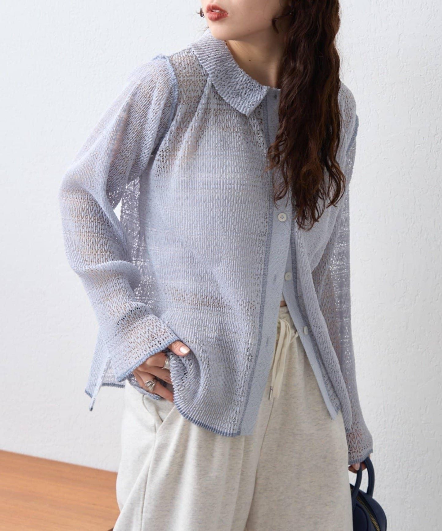 帶領褶皺鏤空蕾絲薄紗針織開衫