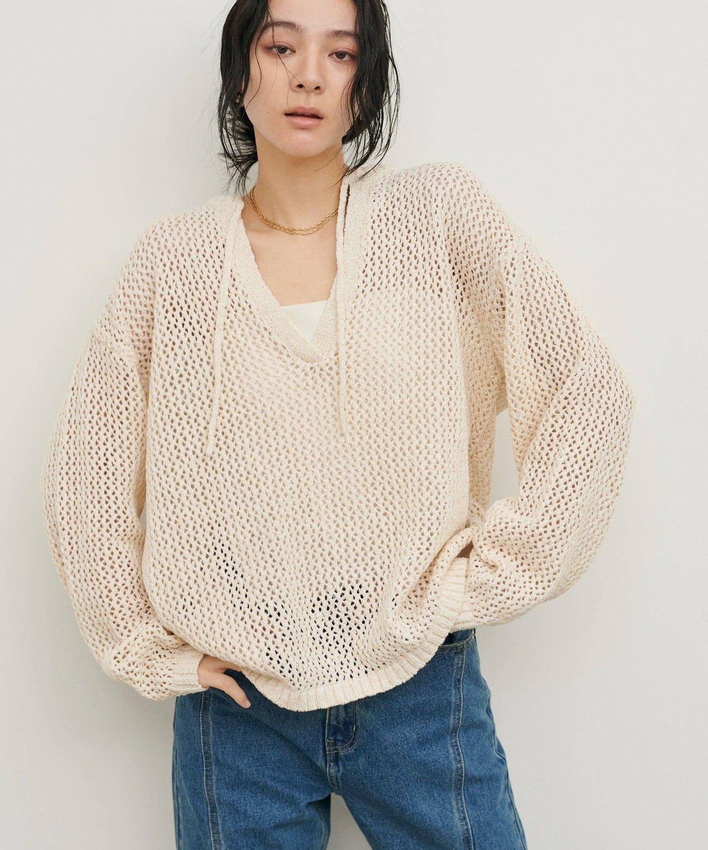 混色網眼鑰匙領套頭上衣