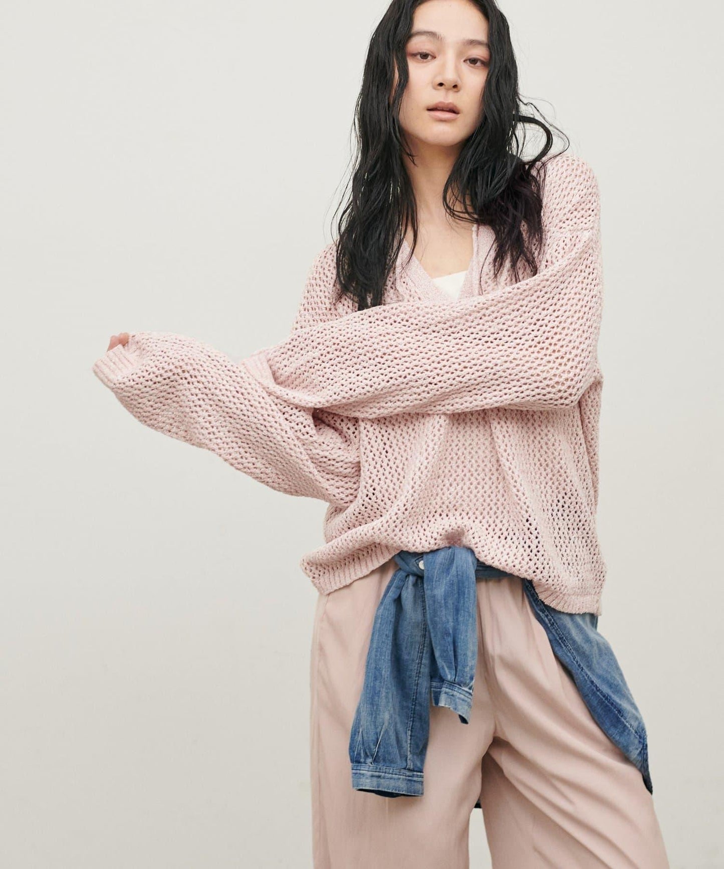 混色網眼鑰匙領套頭上衣