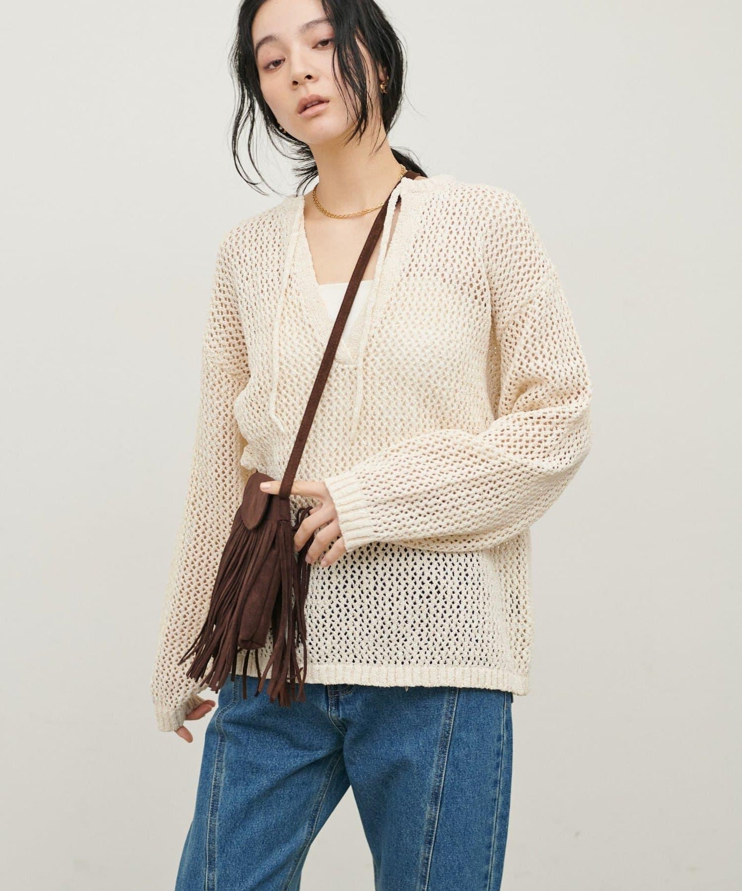 混色網眼鑰匙領套頭上衣