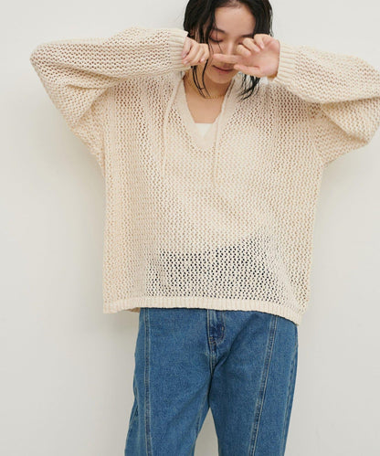 混色網眼鑰匙領套頭上衣