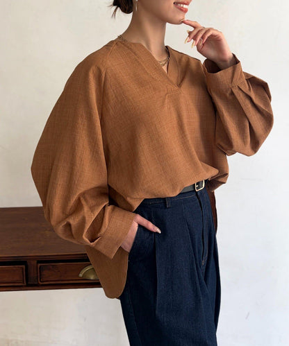 仿亞麻開襟領襯衫