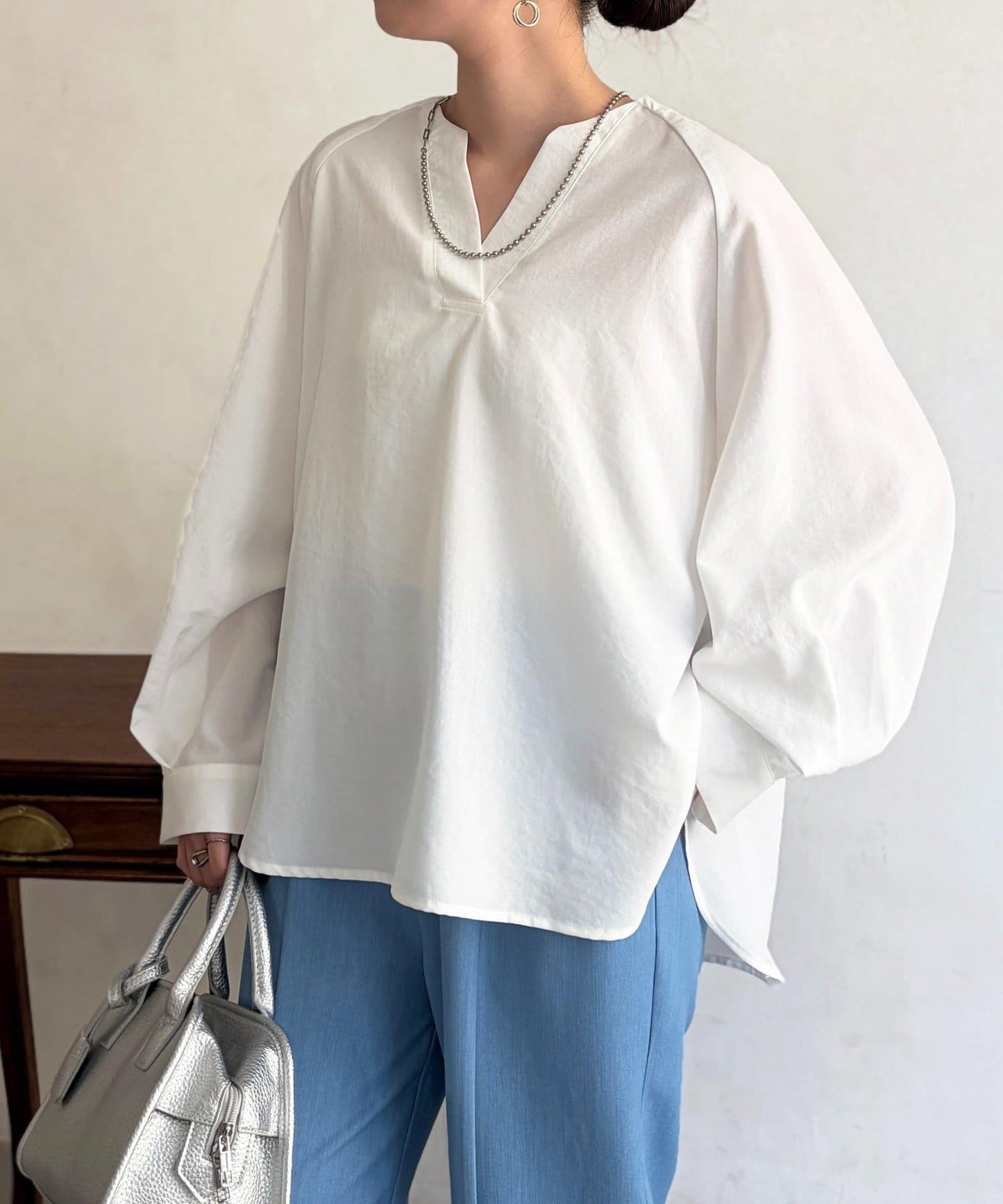 仿亞麻開襟領襯衫
