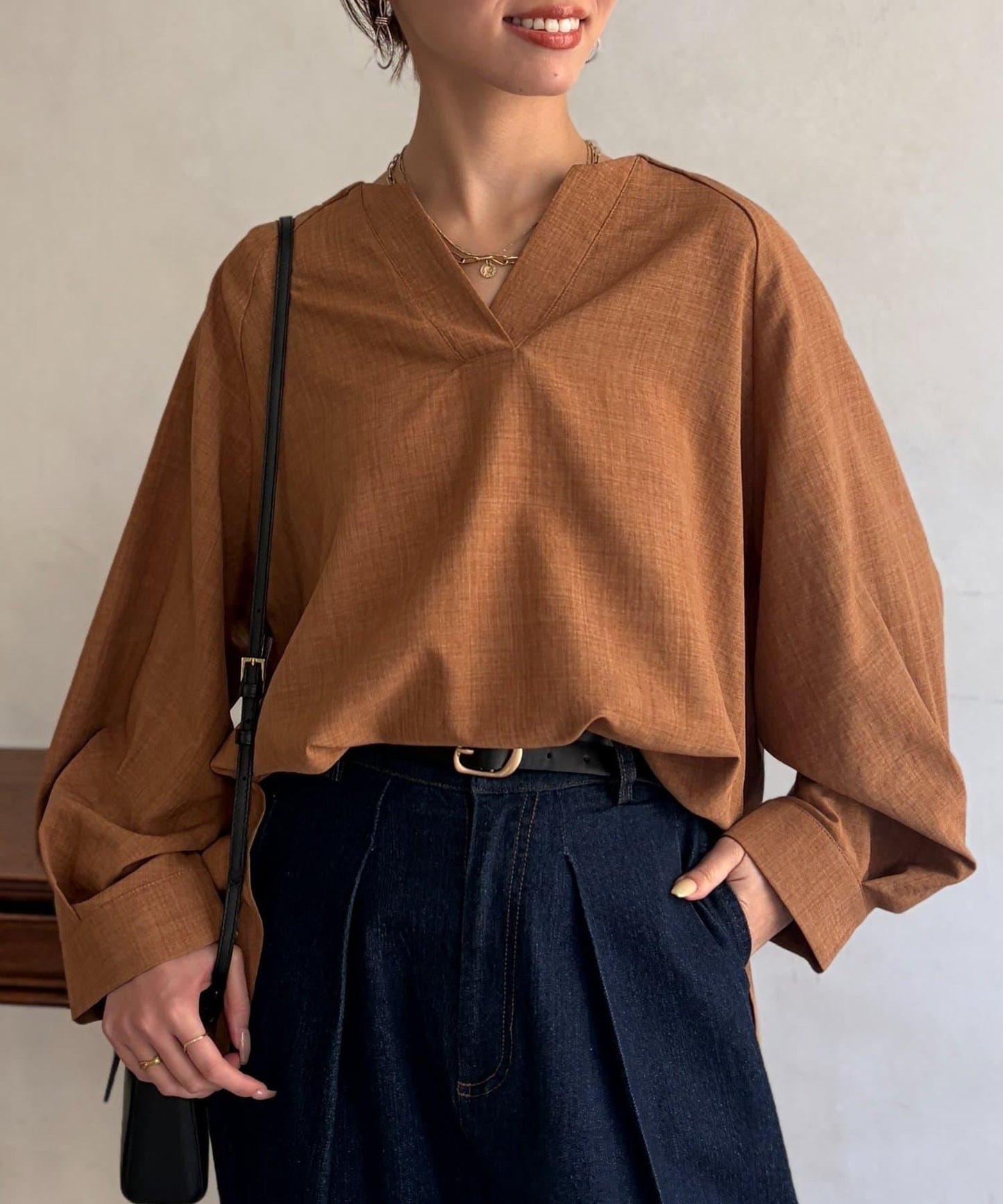 仿亞麻開襟領襯衫