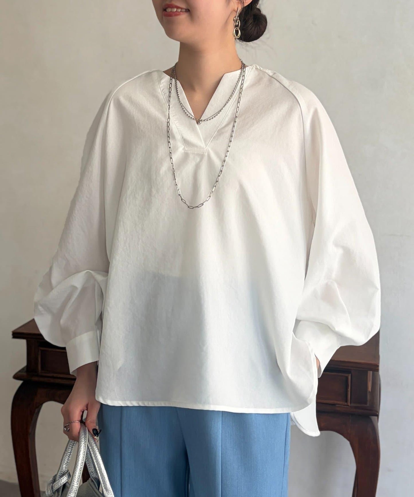 仿亞麻開襟領襯衫
