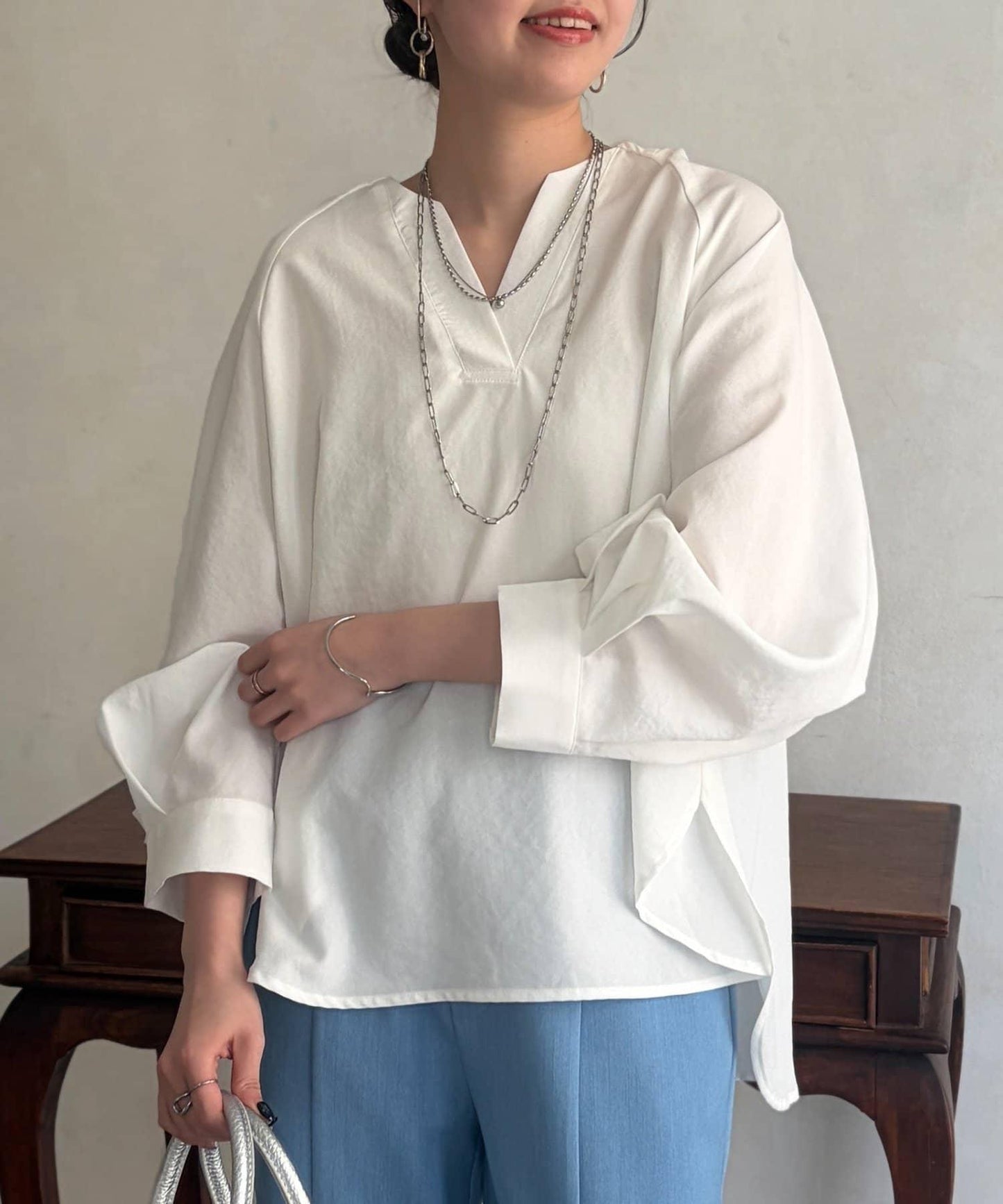 仿亞麻開襟領襯衫