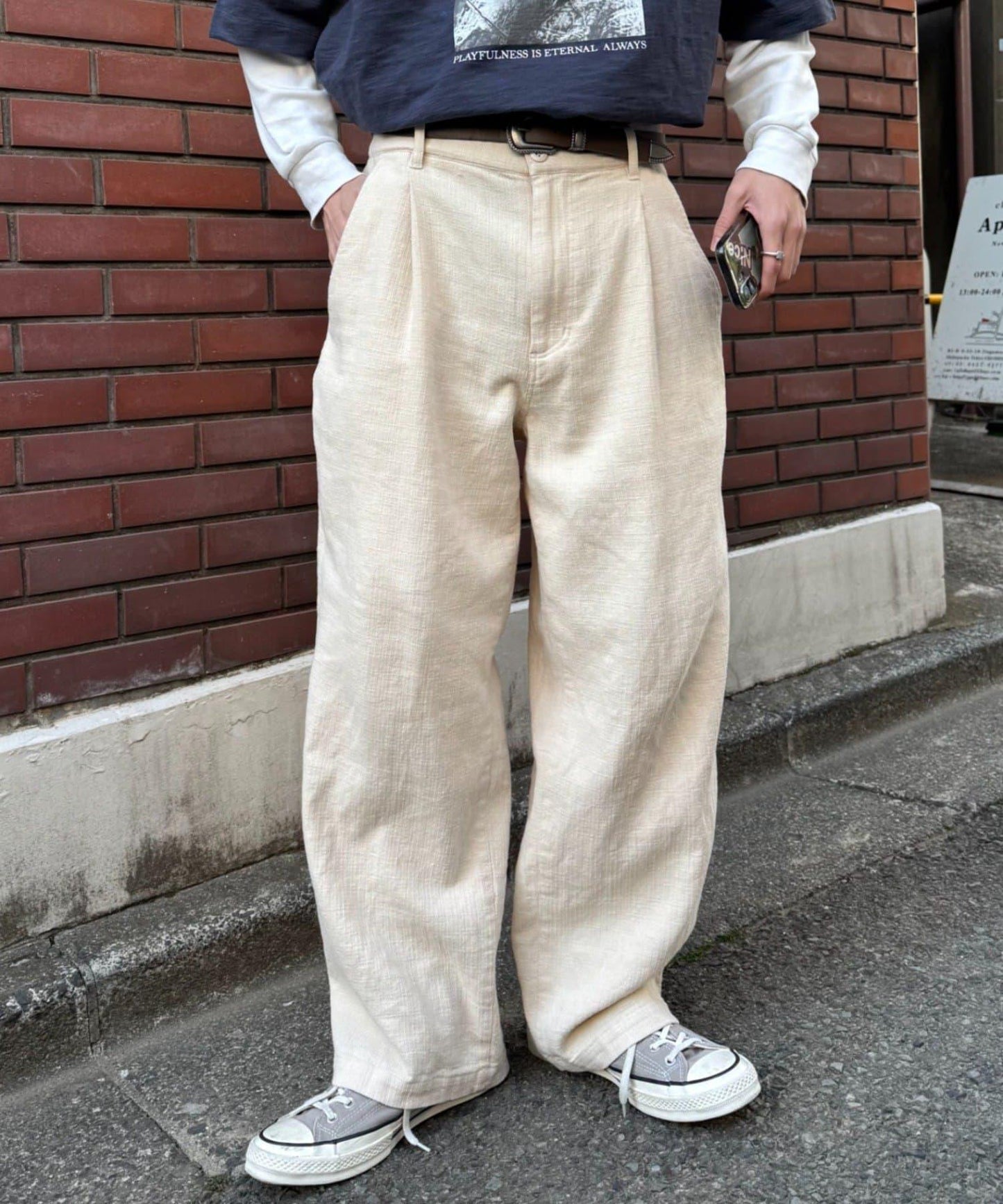 男女通用 冰感提花褶飾直筒褲
