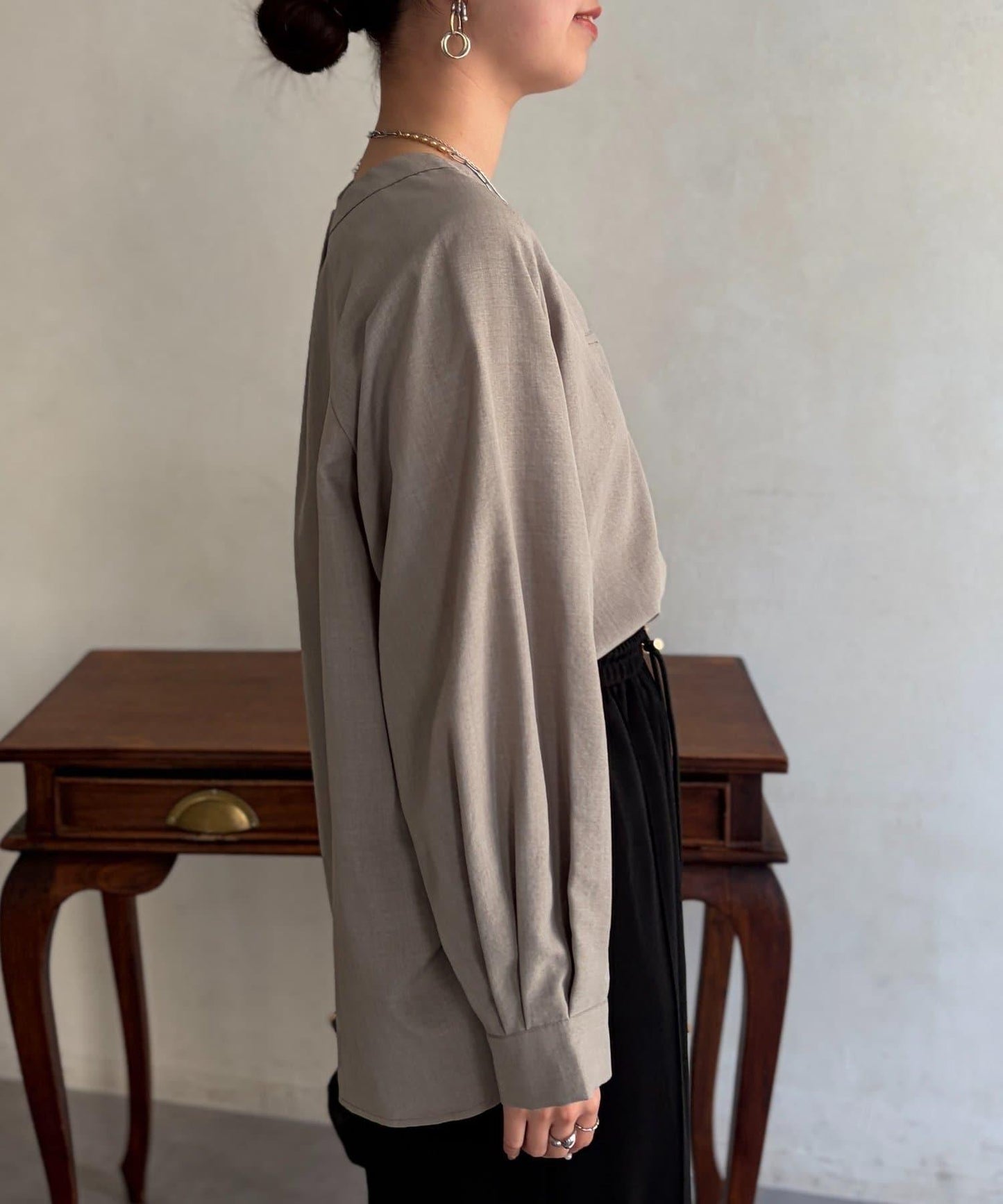 仿亞麻開襟領襯衫