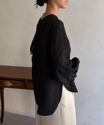 仿亞麻開襟領襯衫