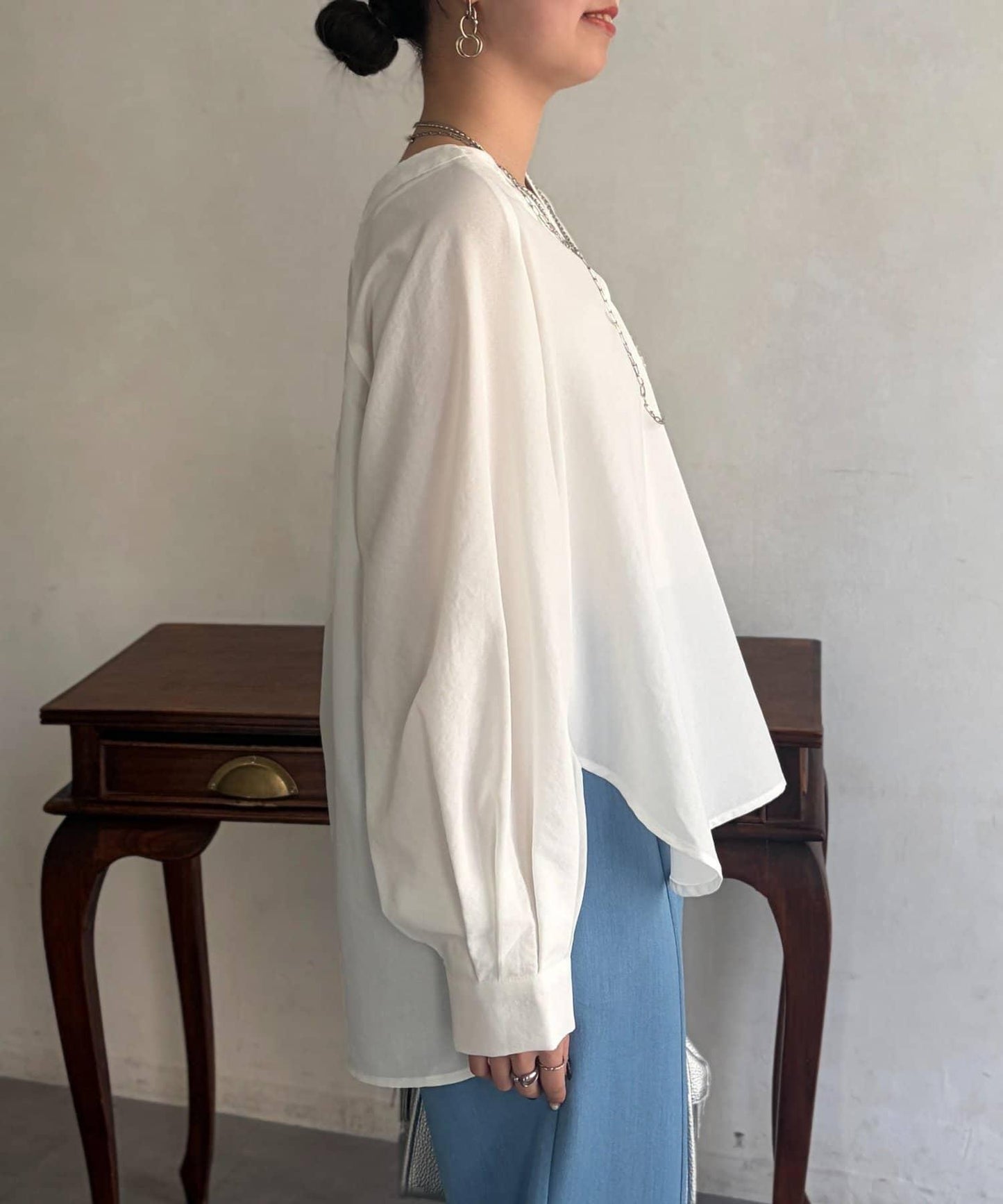 仿亞麻開襟領襯衫