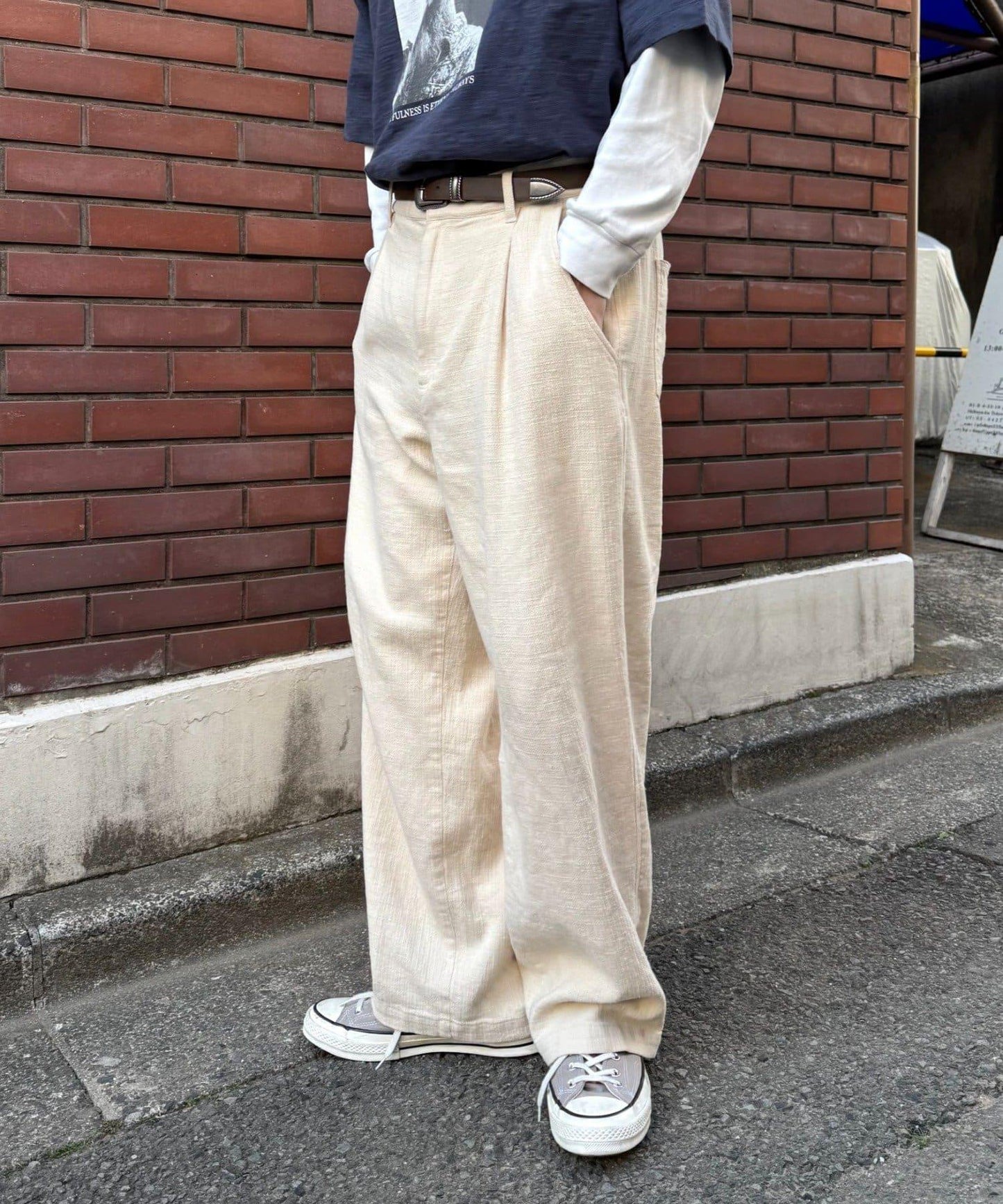 男女通用 冰感提花褶飾直筒褲