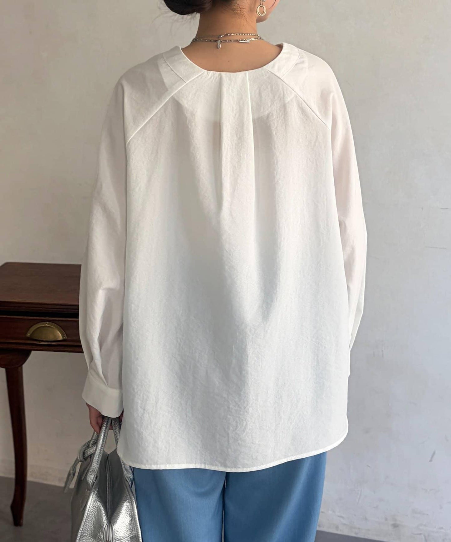 仿亞麻開襟領襯衫