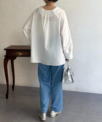 仿亞麻開襟領襯衫