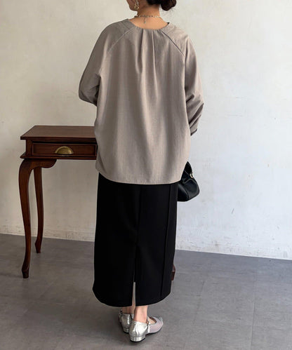 仿亞麻開襟領襯衫