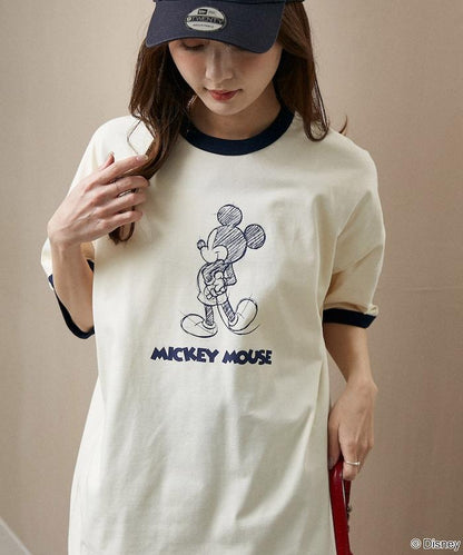 Mickey Mouse ミッキーマウス（米老鼠） 功能性面料 手繪圖案 Ringer圓領T恤
