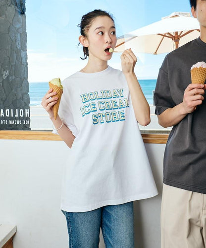 HOLIDAY ICECREAM×FREAK'S STORE 特別 寬鬆廓形 學院印花 圓領T恤