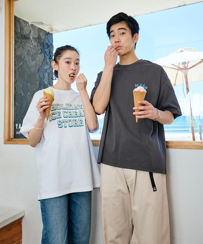 HOLIDAY ICECREAM×FREAK'S STORE 特別 寬鬆廓形 學院印花 圓領T恤