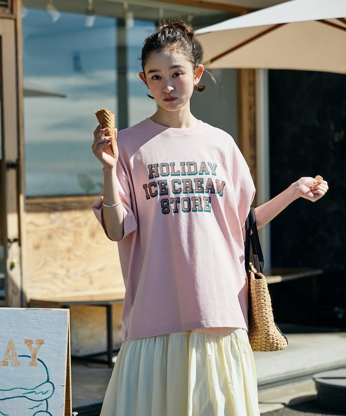 HOLIDAY ICECREAM×FREAK'S STORE 特別 寬鬆廓形 學院印花 圓領T恤