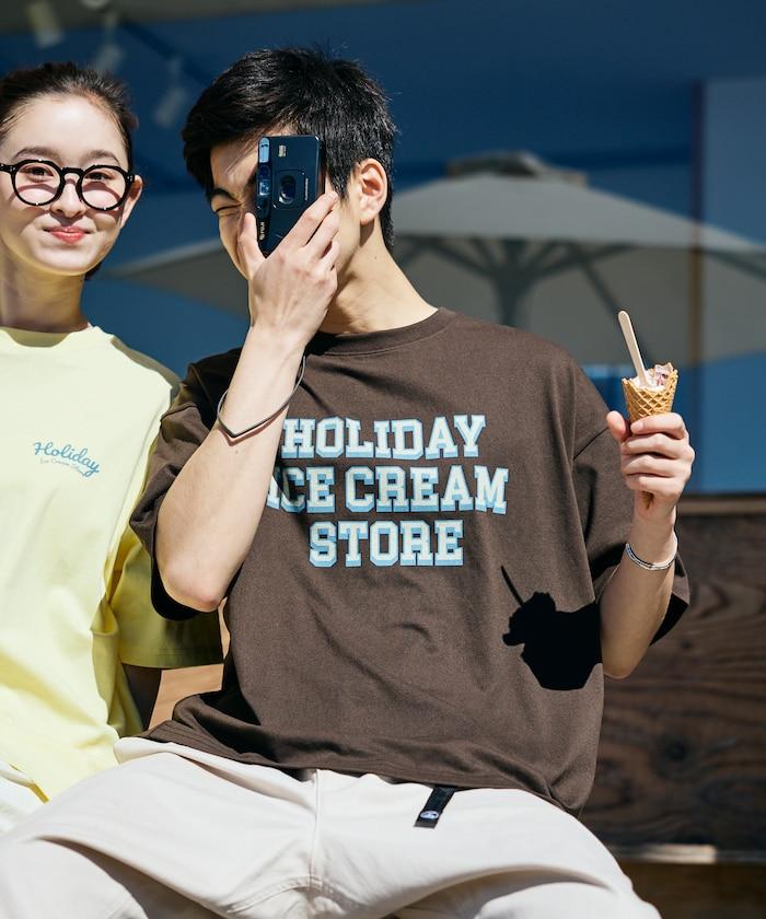 HOLIDAY ICECREAM×FREAK'S STORE 特別 寬鬆廓形 學院印花 圓領T恤
