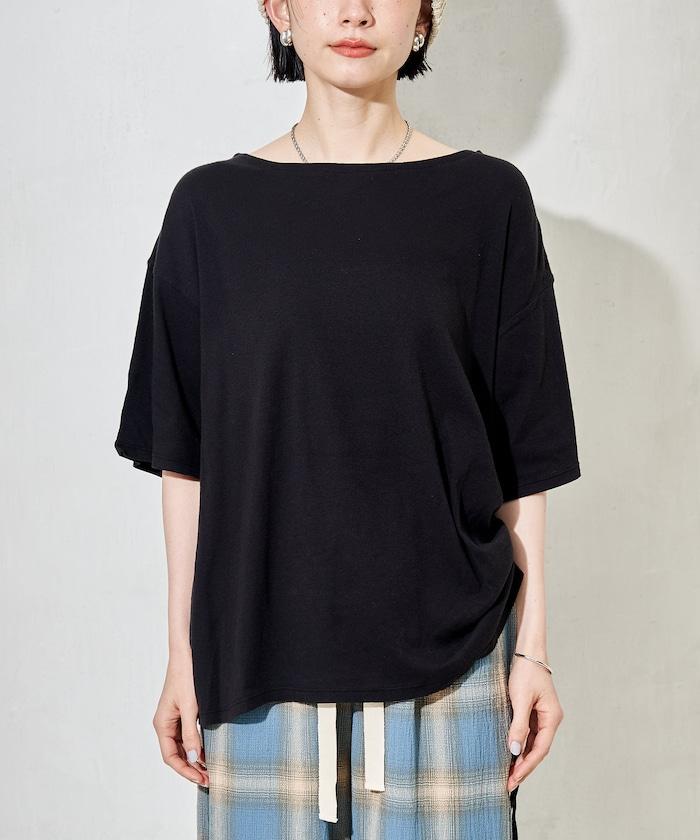 含羊絨 紗布羅紋 寬鬆船領 短袖T恤