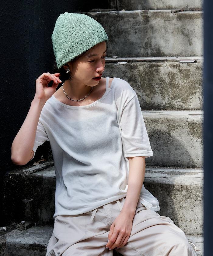 羊絨混紗 紗布針織 不對稱領口 五分袖T恤