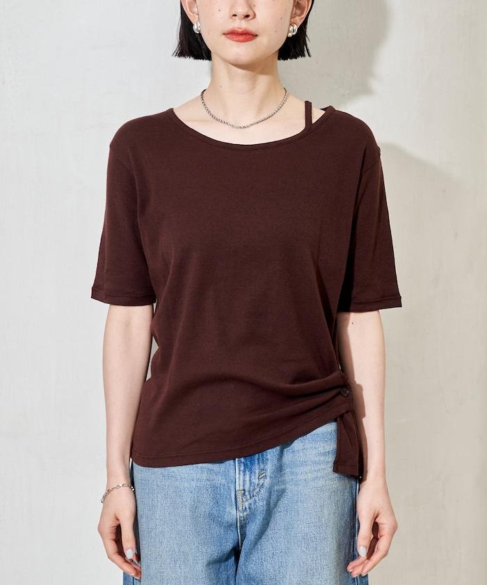 羊絨混紗 紗布針織 不對稱領口 五分袖T恤