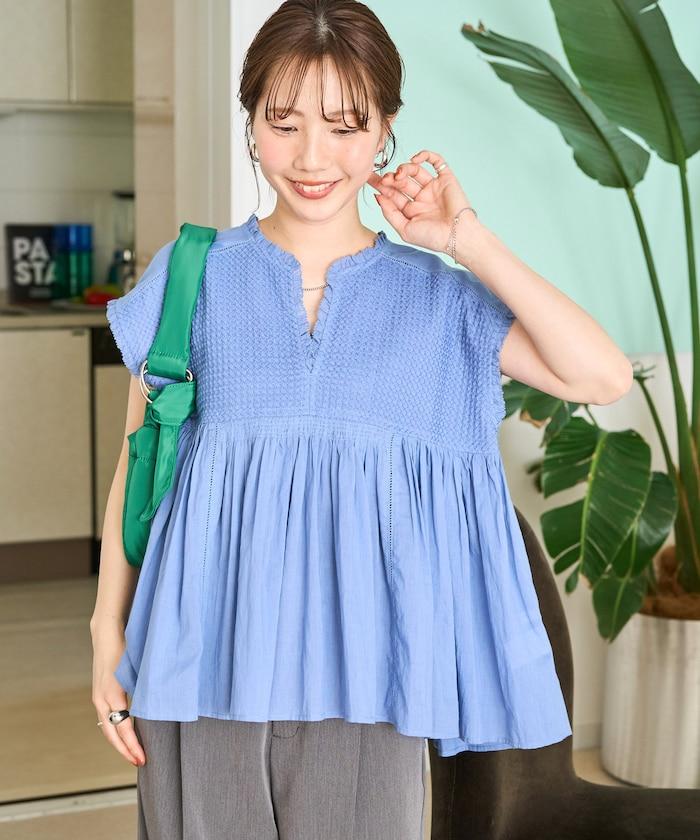 菱形刺繡荷葉邊無袖襯衫