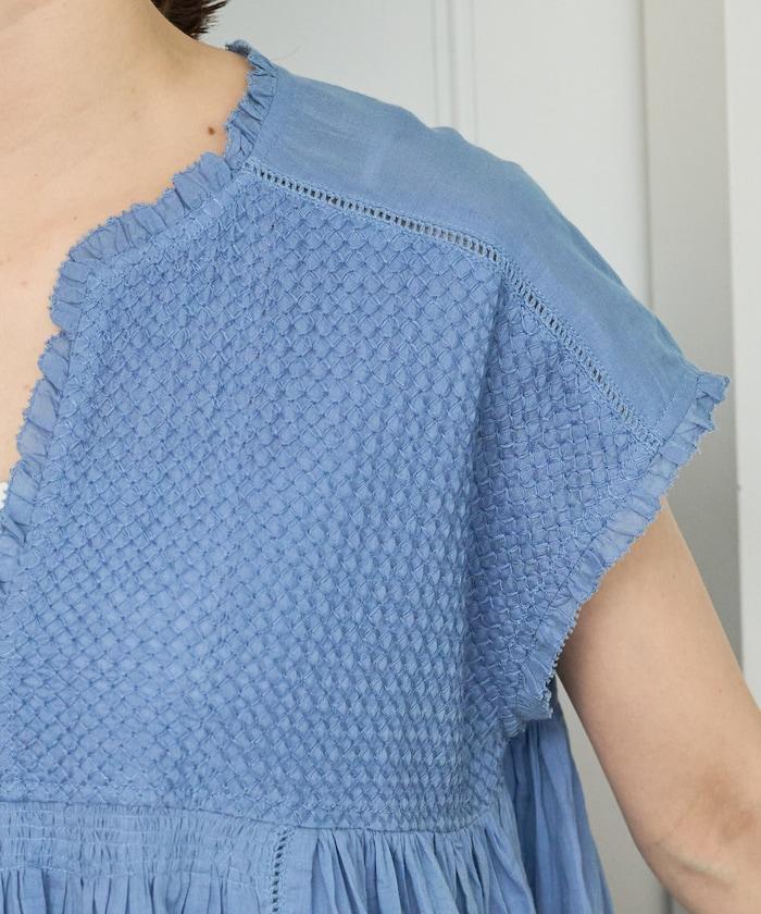 菱形刺繡荷葉邊無袖襯衫