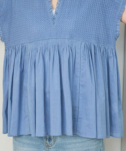 菱形刺繡荷葉邊無袖襯衫