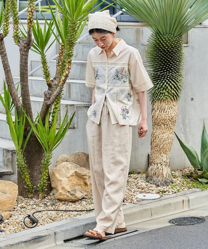 亞麻混紡鬆緊設計休閒褲（套裝可搭配）