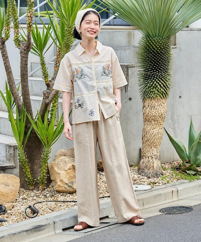 亞麻混紡鬆緊設計休閒褲（套裝可搭配）