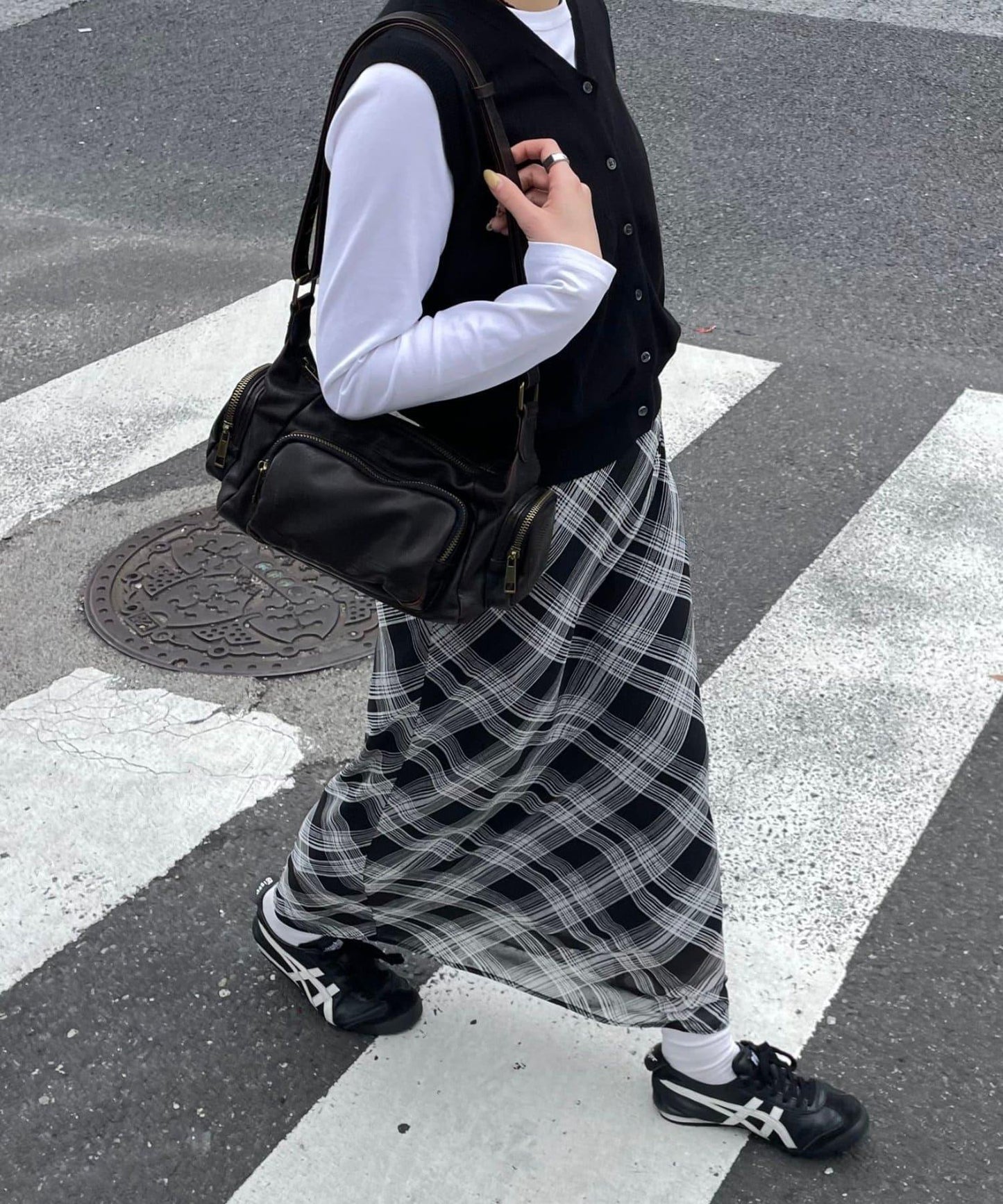 透肌格紋 直筒長款半身裙