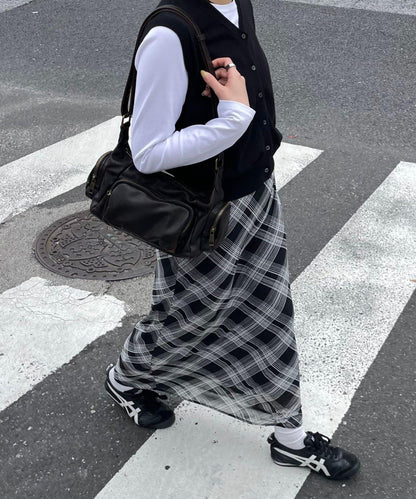 透肌格紋 直筒長款半身裙