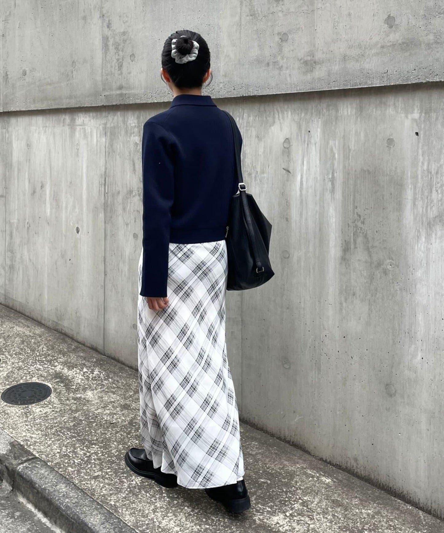 透肌格紋 直筒長款半身裙