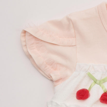 櫻桃圖案條紋短袖長款上衣