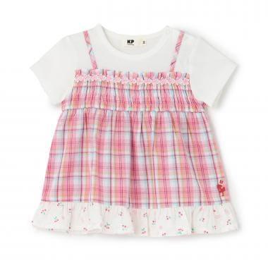 先染格紋 假兩件設計 短袖 長款上衣