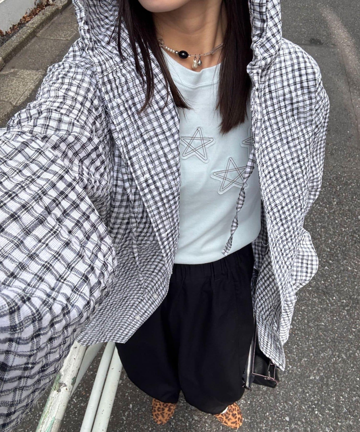 格紋泡泡紗 帶帽襯衫