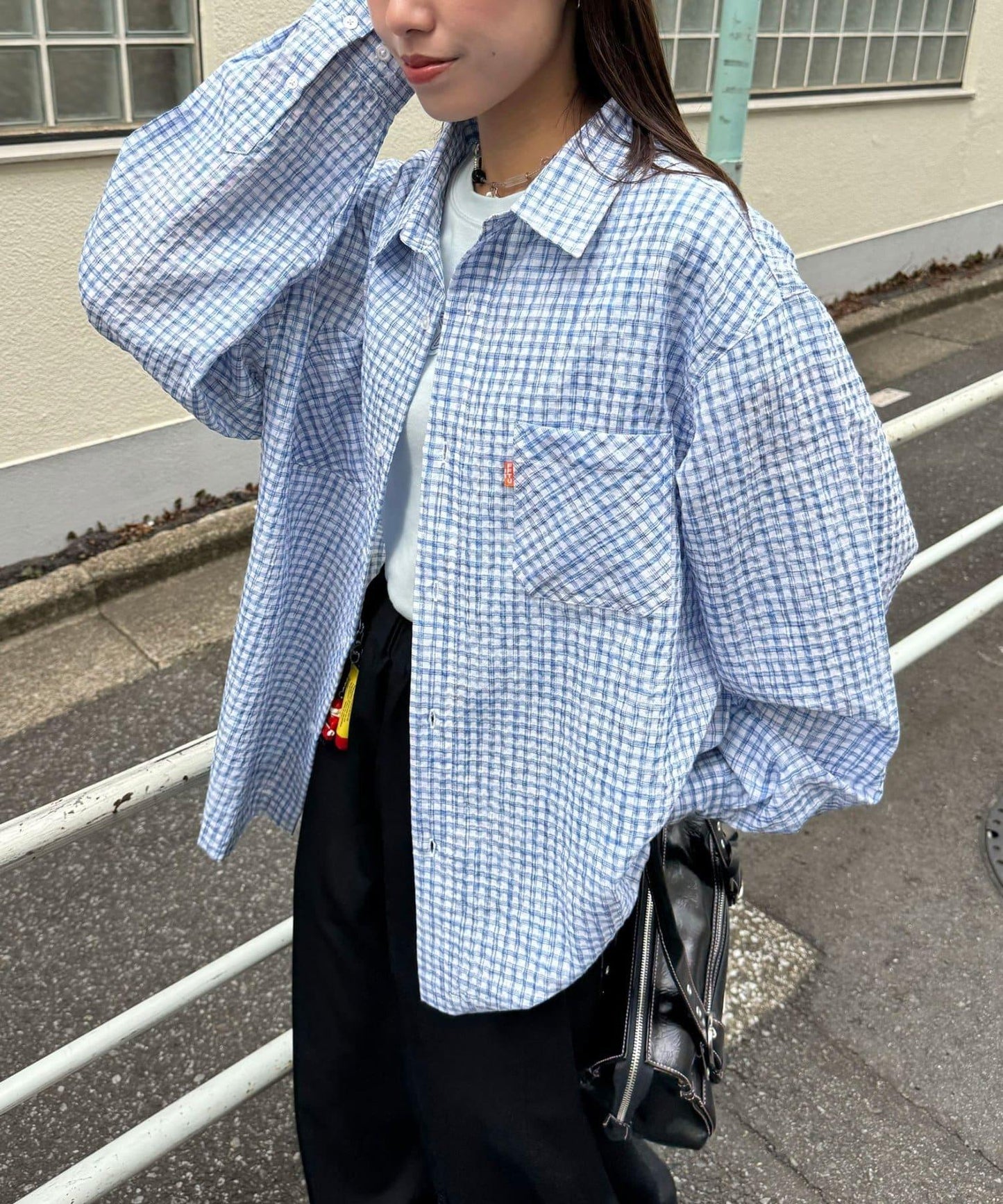 格紋泡泡布長袖襯衫