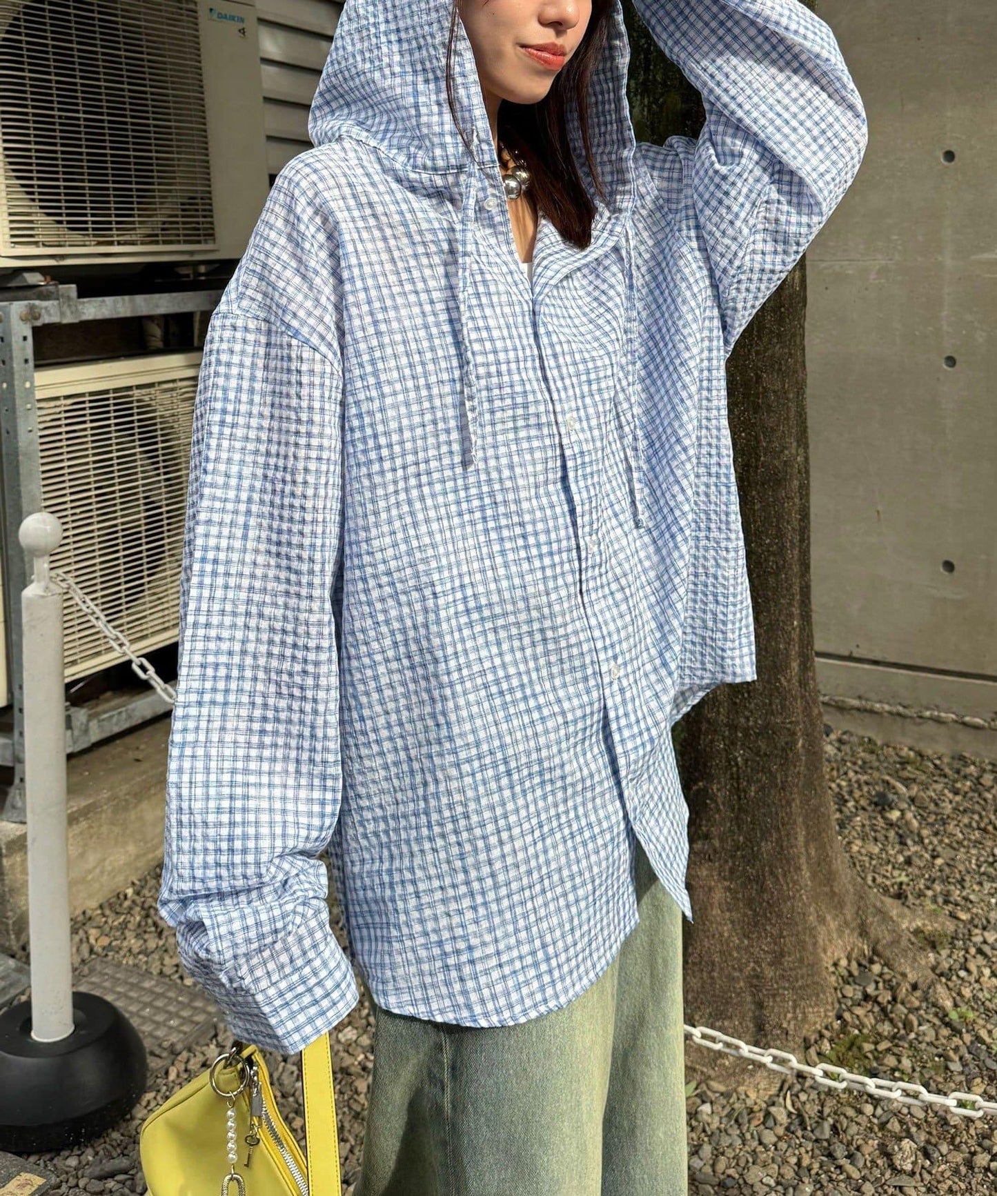 格紋泡泡紗 帶帽襯衫