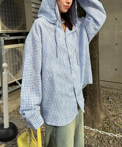 格紋泡泡紗 帶帽襯衫
