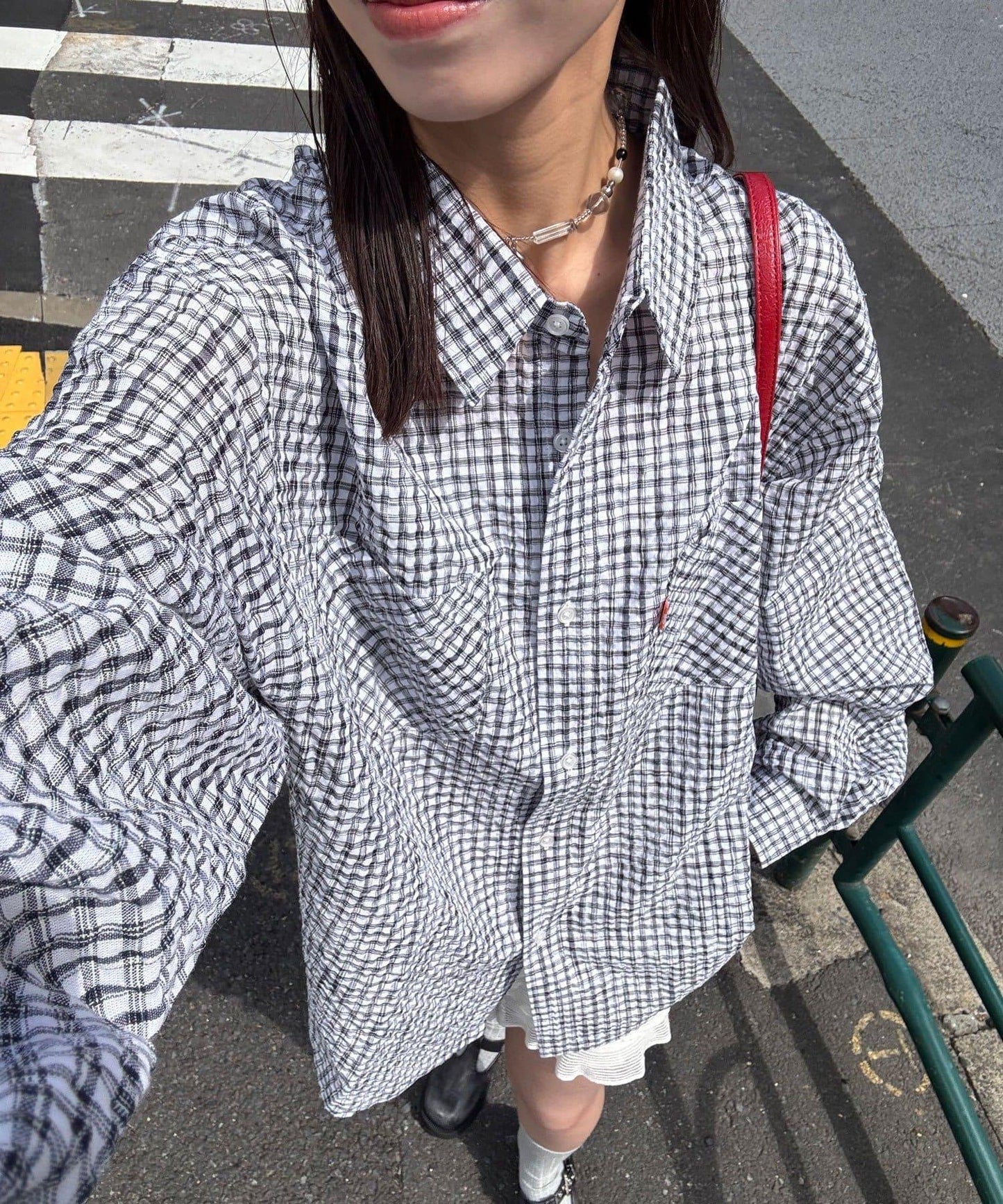 格紋泡泡布長袖襯衫