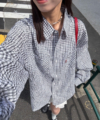 格紋泡泡布長袖襯衫